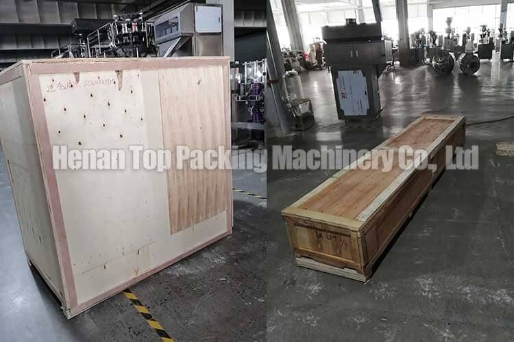 Flow wrapping machine in wooden case for shipment